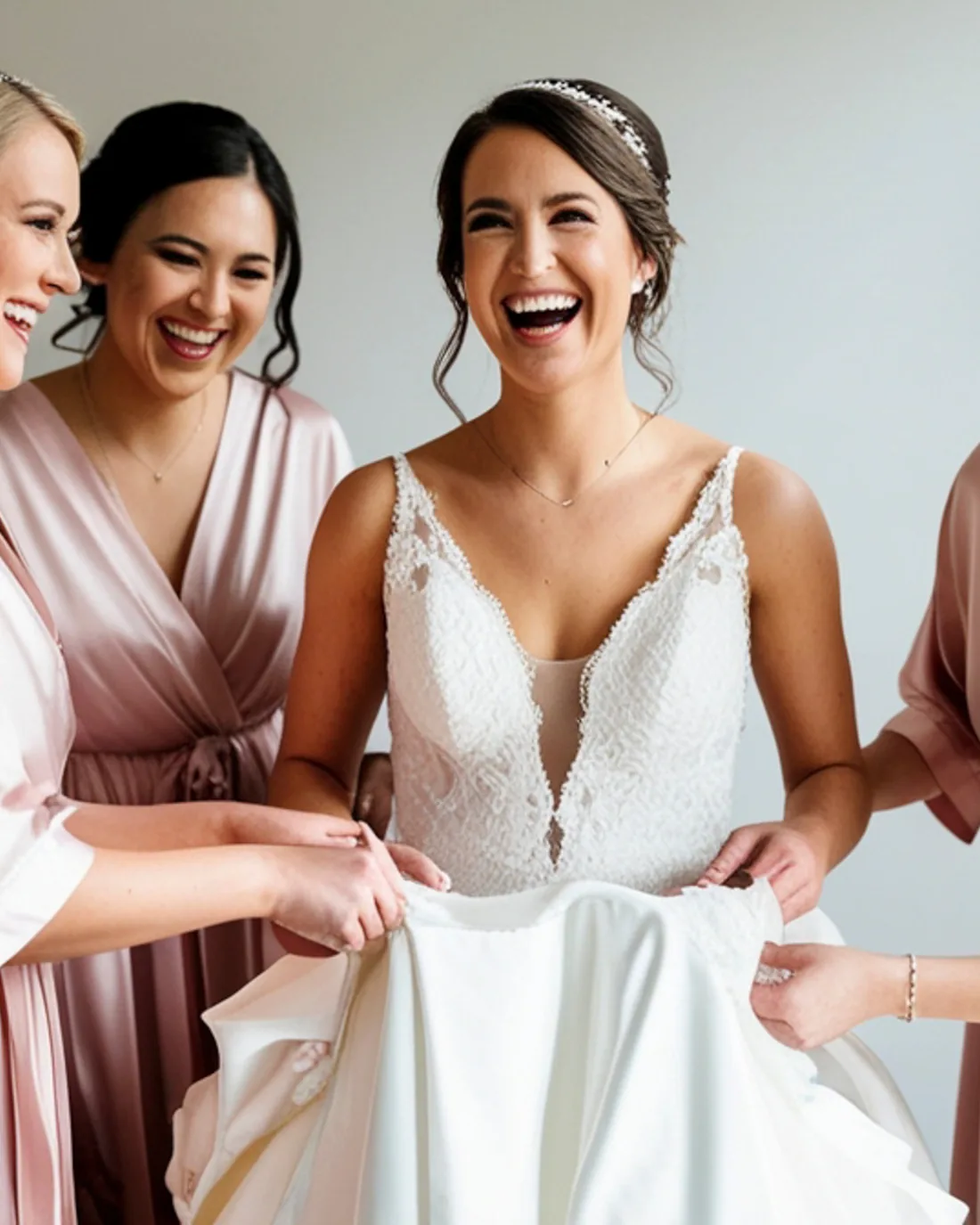 Damas de honor acompañando a la novia, todas arregladas